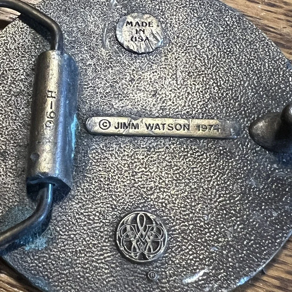 Lot of 2 VTG 1974 Bergamot Brass Belt Buckle-Jimm Watson-Guitar/Record/Banjo